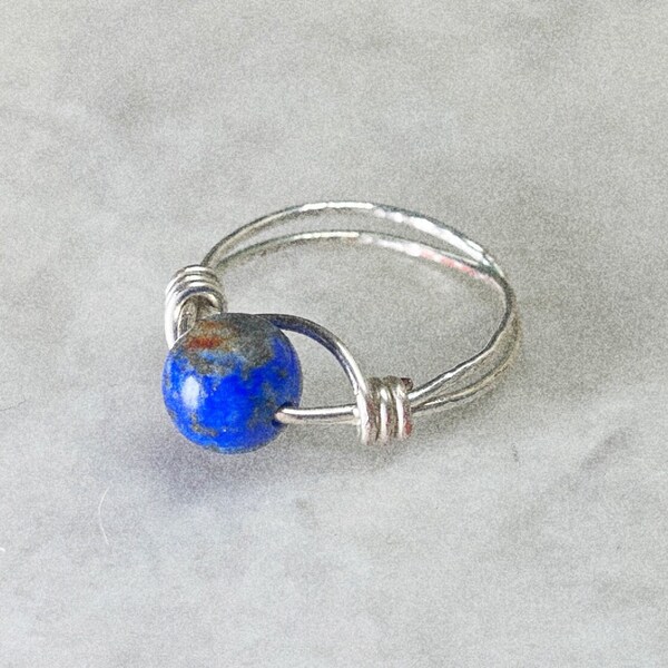 Lapis lazuli wire wrap ring, handmade, silver, gold, rose gold hand hammered gemstone ring