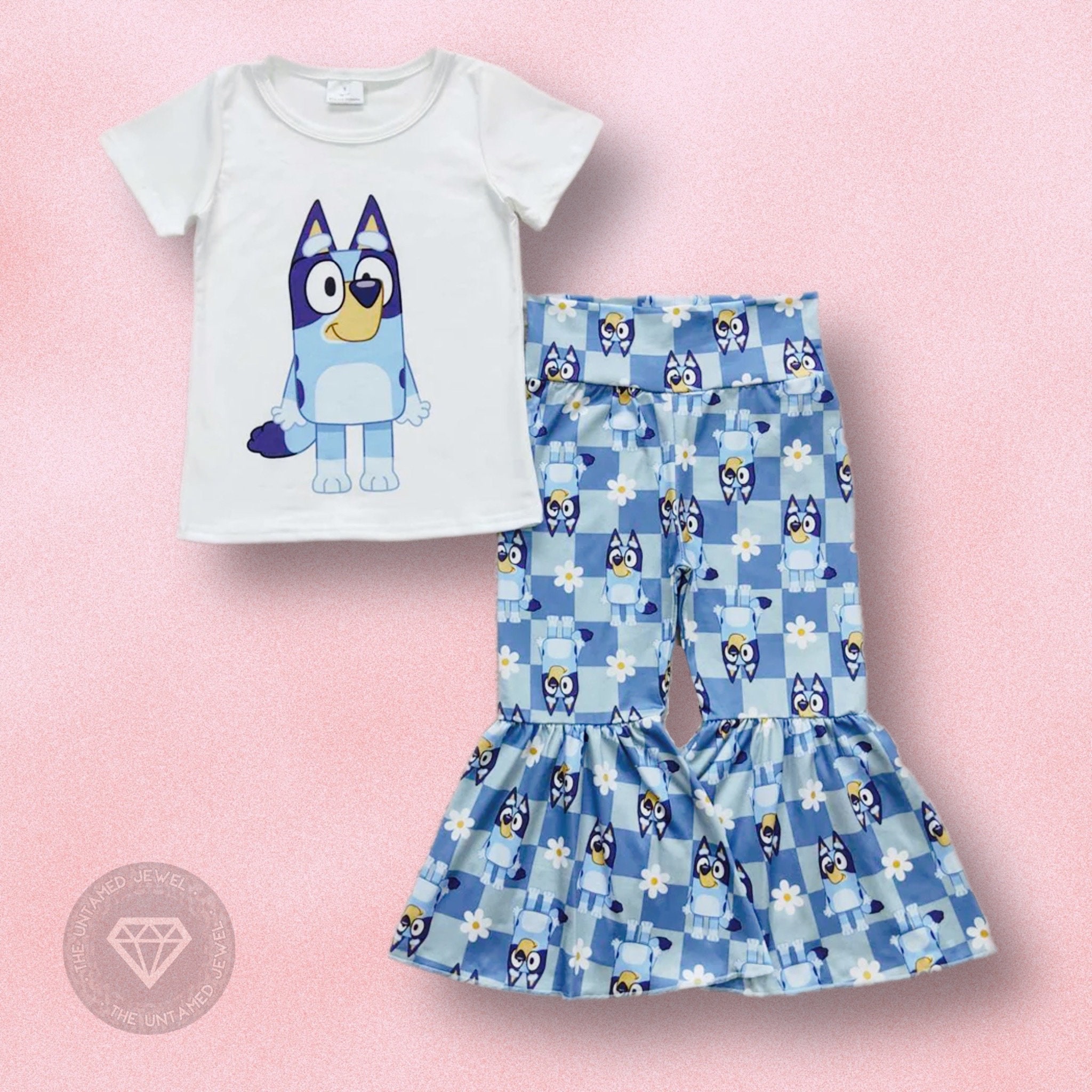 Bluey outfit- Bluey birthday outfit- Bluey denim set – ReignBowsNtoes