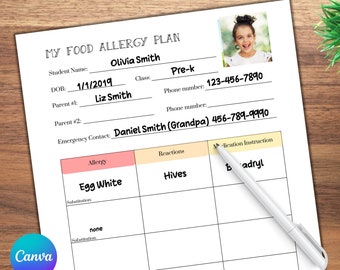 May include: A printable food allergy plan template with sections for student name, date of birth, class, parent contact information, allergy, reactions, and medication instructions. The template includes a space for a photo of the student.