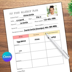 Formulaire de suivi des allergies alimentaires imprimable | Liste de contrôle scolaire sur les allergies alimentaires | Fiche d'information sur les allergies alimentaires | Toile modifiable