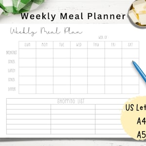 Weekly Meal Planner Printable | Meal Planner Template | Shopping Grocery List | Digital Meal Planner | Family Meal Planning