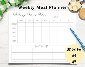 Weekly Meal Planner Printable | Meal Planner Template | Shopping Grocery List | Digital Meal Planner | Family Meal Planning