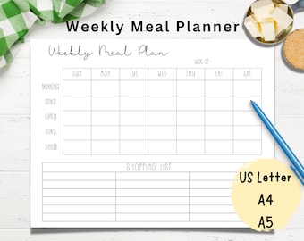 Weekly Meal Planner Printable | Meal Planner Template | Shopping Grocery List | Digital Meal Planner | Family Meal Planning