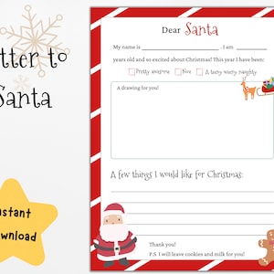 Carta de Papá Noel imprimible/ Carta de niños a Papá Noel / Plantilla de carta de Papá Noel / Carta al Polo Norte
