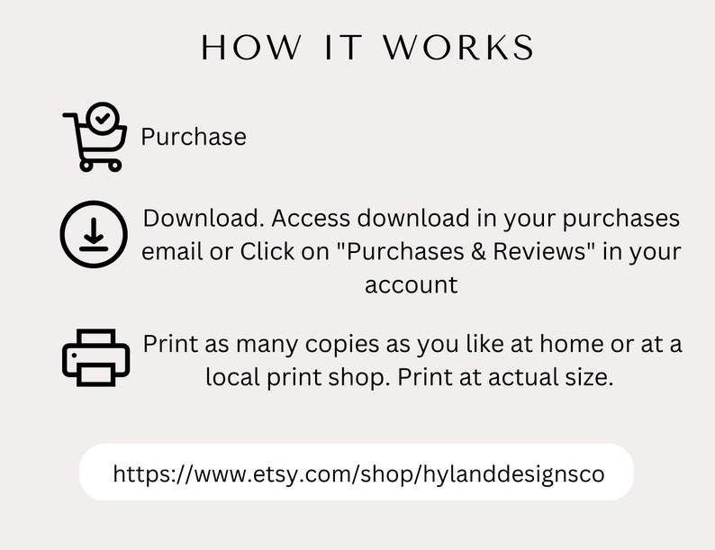 May include: A graphic with the text "HOW IT WORKS" and instructions for purchasing, downloading, and printing. The steps include a shopping cart icon, a download icon, and a printer icon. The Etsy shop URL is also included.