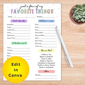 Editable Favorites Survey | Just a few of My Favorite Things | Canva Template