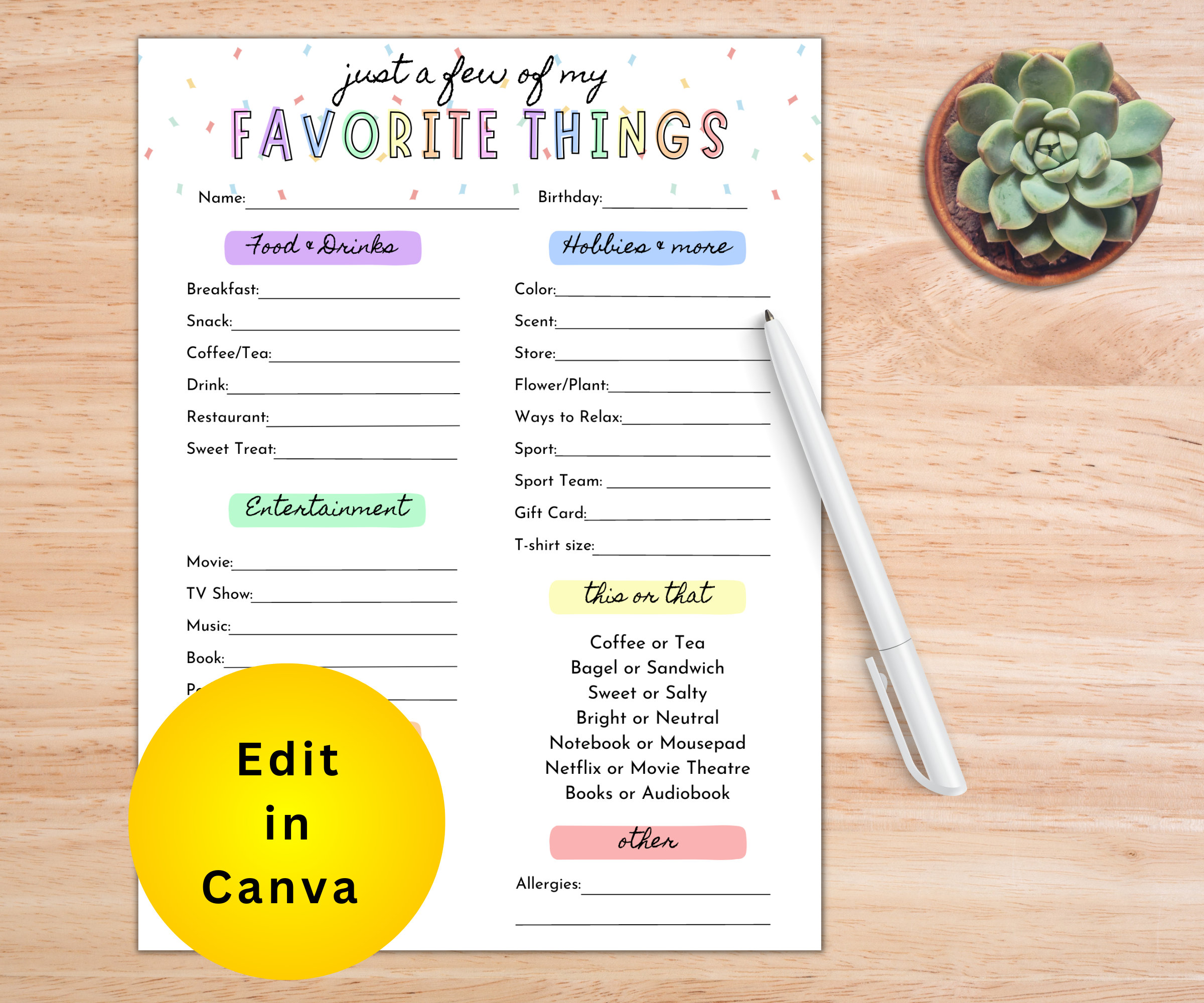 Editable Favorites Survey | Just a few of My Favorite Things | Canva Template