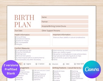 Szablon planu porodu do druku | Edytowalny pusty szablon preferencji porodu | Plan porodu Canva