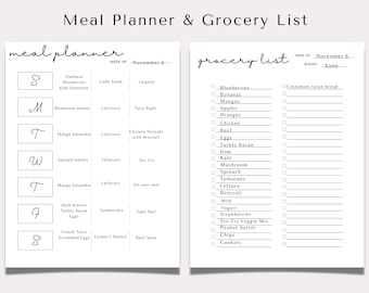 May include: A printable meal planner and grocery list template. The meal planner is divided into seven days of the week, with space to write in meals for each day. The grocery list is divided into categories, with checkboxes next to each item.