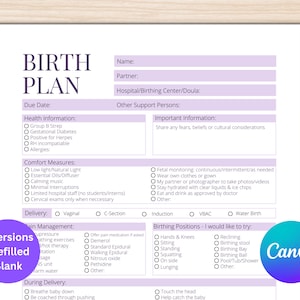 Printable Birth Plan Template | Editable Birth Preference Blank Template | Birth Plan Canva