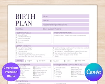 Szablon planu porodu do druku | Edytowalny pusty szablon preferencji porodu | Plan porodu Canva