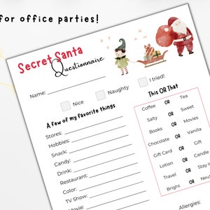 Peut inclure: Un questionnaire imprimable pour le Secret Santa sur le th&egrave;me de No&euml;l. Le questionnaire comprend des sections pour le nom, gentil ou m&eacute;chant, quelques-unes de vos choses pr&eacute;f&eacute;r&eacute;es et une section "Ceci ou Cela" avec des choix comme caf&eacute; ou th&eacute;, sal&eacute; ou sucr&eacute;, livres ou films, chocolat ou vanille, carte cadeau ou cadeau, lotion ou bougie, voyage ou rester &agrave; la maison, lumineux ou neutre.