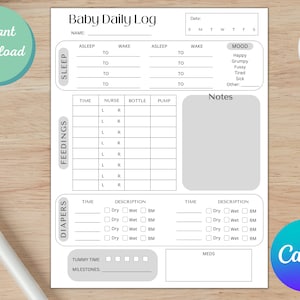 Bearbeitbares Baby&#39;s Daily Log | Druckbare Newborn Tracker | Still-Tracker | Pumping Log | Tagebuch | Fütterbuch | Schlafbuch