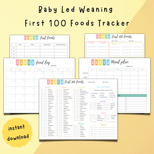 May include: Printable baby led weaning food tracker with colorful headings and checkboxes. The tracker includes sections for first foods, meal plans, and a food log. The text "BABY'S" is repeated throughout the document.