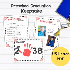 Preschool Graduation Keepsake | School Memory Book | Preschool Graduation Class of 2038 Handprint Art | Last Day of School Questionnaire