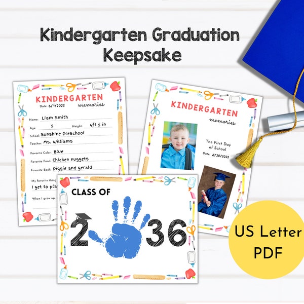 Kindergarten Graduation Keepsake | School Memory Book | Kindergarten Graduation Class of 2036 Handprint | Last Day of School Questionnaire