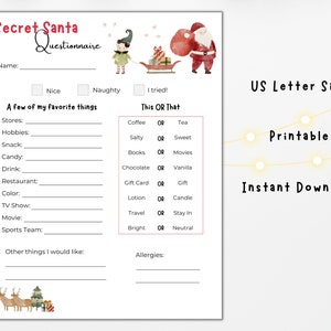 Peut inclure: Un questionnaire de Secret Santa imprimable sur le th&egrave;me de No&euml;l. Le questionnaire comprend des sections pour le nom, quelques-uns de vos objets pr&eacute;f&eacute;r&eacute;s et les allergies. Il comprend &eacute;galement une section "Ceci ou Cela" avec des options comme caf&eacute; ou th&eacute;, sal&eacute; ou sucr&eacute;, livres ou films, et plus encore.