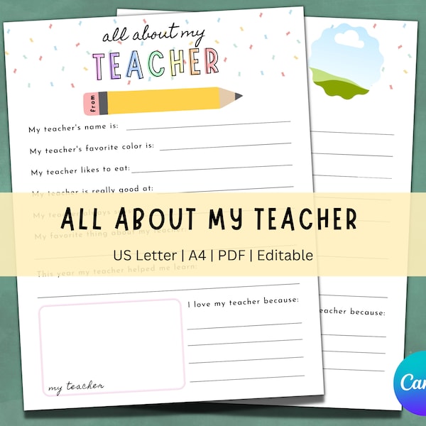 Teacher Appreciation Week All About My Teacher Questionnaire | Printable Teacher Appreciation Gift | Teacher Thank You Gift