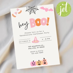 Hey Boo Retro Halloween Party Invitation | Adult Teen Kids Halloween Party Invite | Pink Orange Halloween Party | Costume Party Invitation