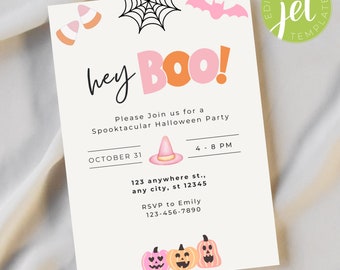 Hey Boo Rétro Invitation à la fête d’Halloween | Invitation à la fête d’Halloween pour enfants et adolescents adultes | Fête d’Halloween rose orange | Invitation à une fête costumée