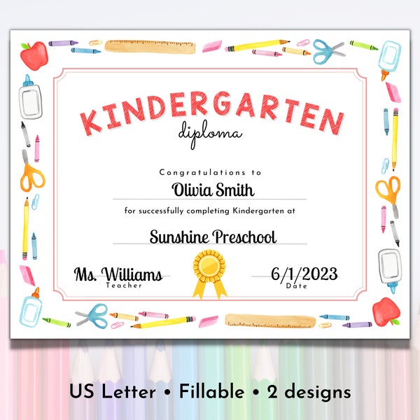 Printable Kindergarten Graduation Diploma | Kinder Certificate Editable | Graduation Diploma Template | Kindergarten Graduation Certificate