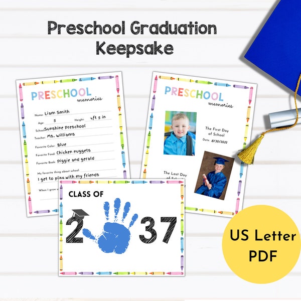 Preschool Graduation Keepsake | School Memory Book | Preschool Graduation Class of 2037 Handprint Art | Last Day of School Questionnaire