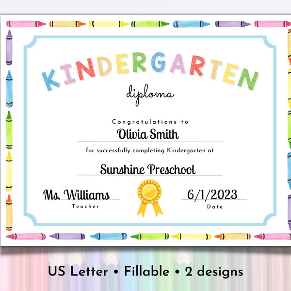Diploma de graduación de jardín de infantes imprimible / Certificado de jardín de infantes editable / Plantilla de diploma de graduación / Certificado de graduación de jardín de infantes