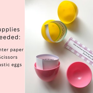 May include: A craft project with supplies for making an Easter egg hunt. The supplies include plastic eggs, printer paper, scissors, and a note that says "Bikes and boves and things that go zoom zoom. found within this room."
