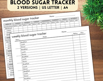 Monthly Weekly Blood Sugar Tracker | Blood Tracker Log | Printable Diabetes Tracker | Glucose Log