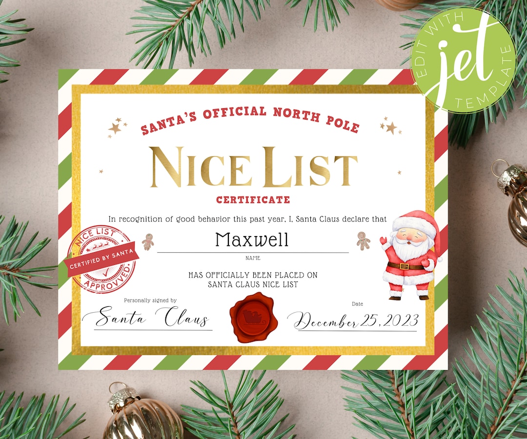 Nice List Certificate Printable Santa's Nice List Certificate Template ...