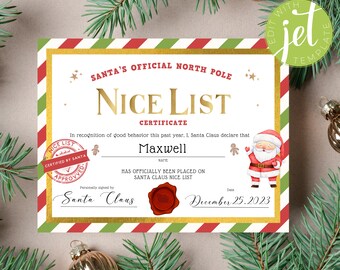 Pode incluir: Um certificado com listras vermelhas e verdes e bordas douradas, intitulado "Certificado da Lista dos Bons do Pólo Norte Oficial do Papai Noel". O certificado declara que Maxwell foi oficialmente colocado na Lista dos Bons do Papai Noel. A data é 25 de dezembro de 2023. O certificado é assinado pelo Papai Noel.