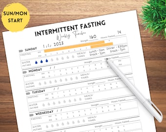 May include: A printable weekly intermittent fasting tracker with a yellow header and a white background. The tracker includes sections for tracking fasting hours, water intake, meals, and weight. The tracker is dated 1/1/2023.