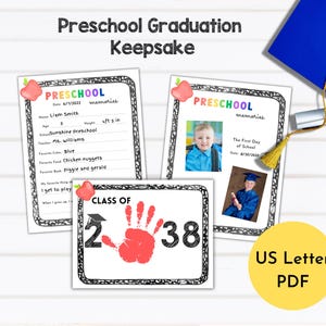 Preschool Graduation Keepsake | School Memory Book | Preschool Graduation Class of 2038 Handprint Art | Last Day of School Questionnaire