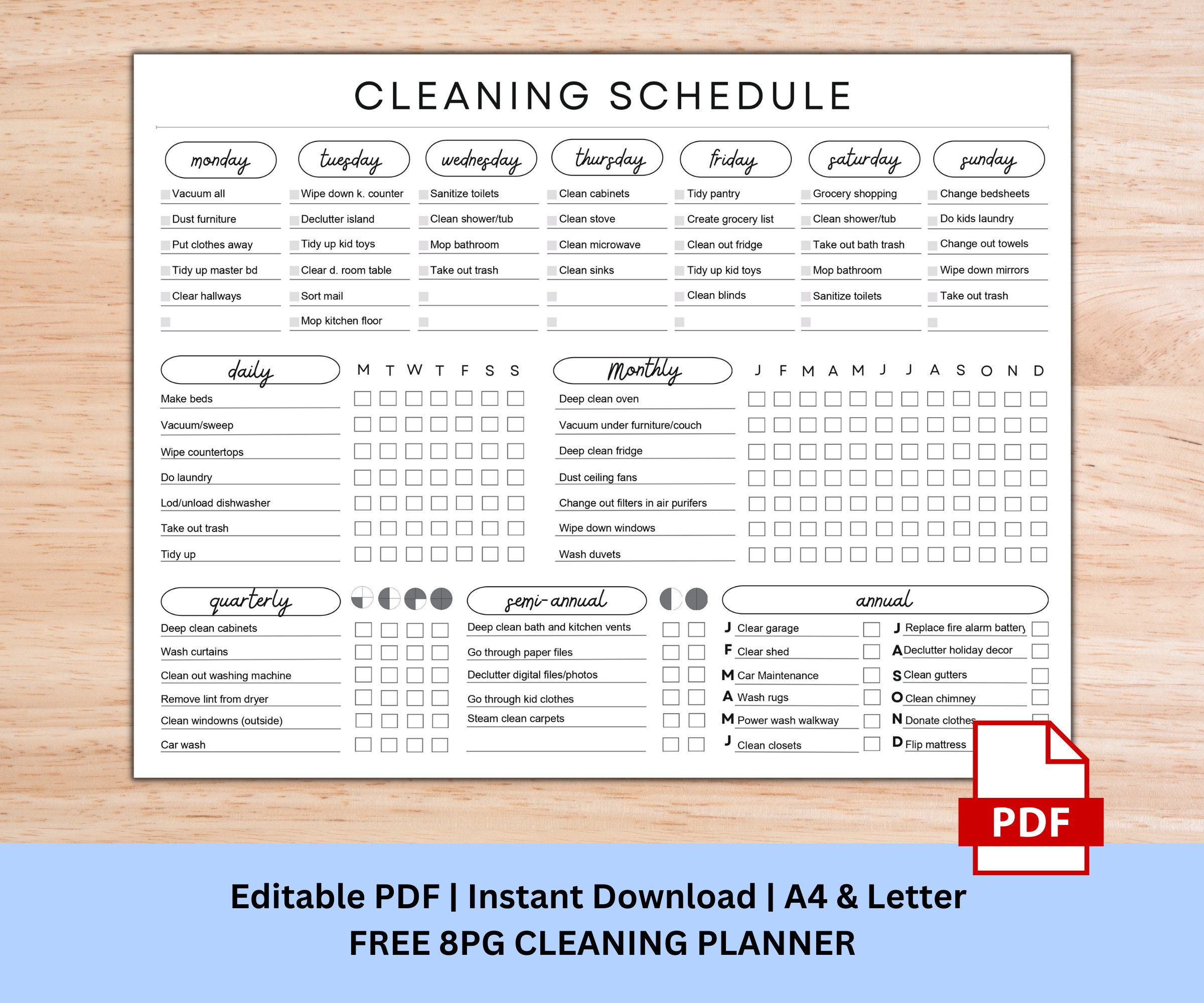 Editable Cleaning Schedule | Daily Weekly Annual Cleaning Checklist ...
