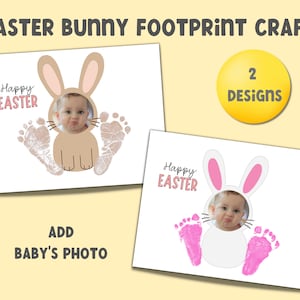 Lavoretto stampabile con impronte di coniglietti pasquali / Prima impronta di mani di un bambino in Pasqua / Lavoretto con impronte di mani di un bambino in età prescolare