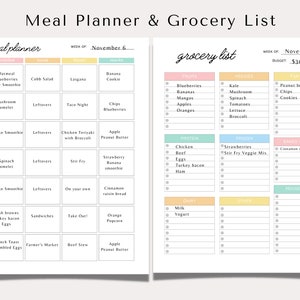 May include: A meal planner and grocery list template with a pastel color scheme. The meal planner includes sections for breakfast, lunch, dinner, and snacks. The grocery list has sections for fruits, vegetables, protein, and more. The text "Meal Planner & Grocery List" is at the top.