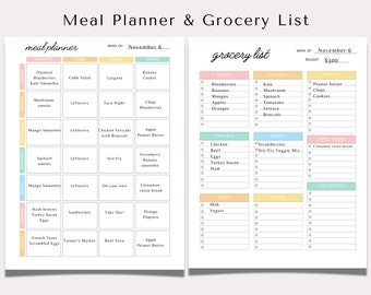May include: A meal planner and grocery list template with a pastel color scheme. The meal planner includes sections for breakfast, lunch, dinner, and snacks. The grocery list has sections for fruits, vegetables, protein, and more. The text "Meal Planner & Grocery List" is at the top.