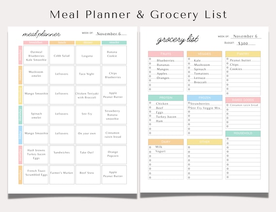 Printable Weekly Meal Planner | Printable Grocery List | Meal Plan Template | Family Meal Planning | Food Log