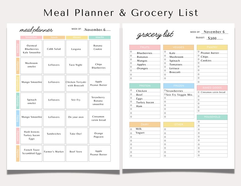 May include: A meal planner and grocery list template with a pastel color scheme. The meal planner includes sections for breakfast, lunch, dinner, and snacks. The grocery list has sections for fruits, vegetables, protein, and more. The text "Meal Planner & Grocery List" is at the top.