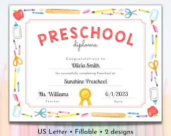 Printable Preschool Graduation Diploma | Preschool Certificate Editable | Graduation Diploma Template | Pre-K Graduation Certificate