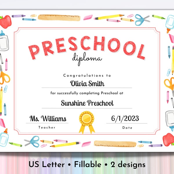 Printable Preschool Graduation Diploma | Preschool Certificate Editable | Graduation Diploma Template | Pre-K Graduation Certificate