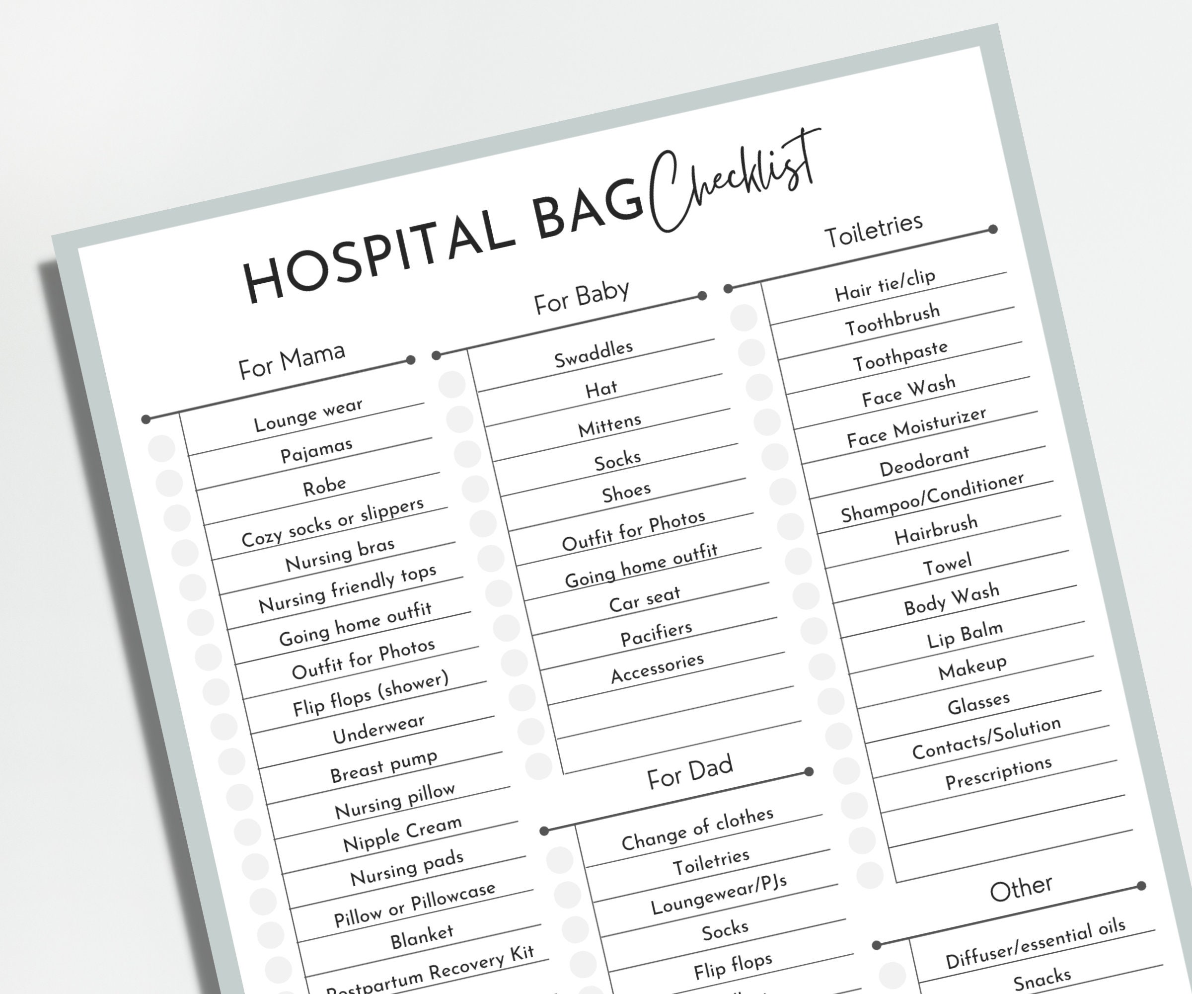 Printable Hospital Bag Mom Checklist Maternity Newborn Baby Checklist