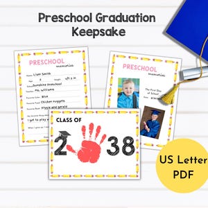 Preschool Graduation Keepsake | School Memory Book | Preschool Graduation Class of 2038 Handprint Art | Last Day of School Questionnaire