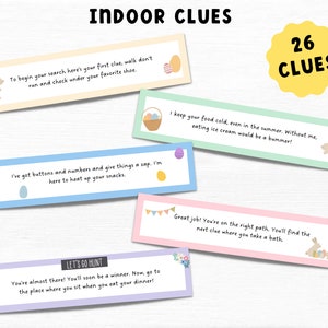 May include: A set of 26 colorful Easter egg hunt clues with bunny illustrations. The clues are printed on rectangular cards with a white background and colorful borders. The text on the cards includes phrases like "To begin your search here's your first clue, walk don't run and check under your favorite shoe." and "I keep your food cold, even in the summer. Without me, eating ice cream would be a bummer!"