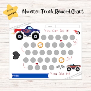 Puede incluir: Un gráfico de recompensas de camión monstruo imprimible con una ilustración de camión monstruo azul y rojo. El gráfico tiene una cuadrícula de círculos para realizar un seguimiento del progreso e incluye el texto "You Can Do It!" y "You Did It!"