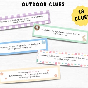 May include: A set of 18 colorful clue cards with text on them. The cards are decorated with different patterns and images. The text on the cards includes phrases like "Bikes and boves and things that go zoom zoom" and "I've got charcoal in my belly and metal feet".