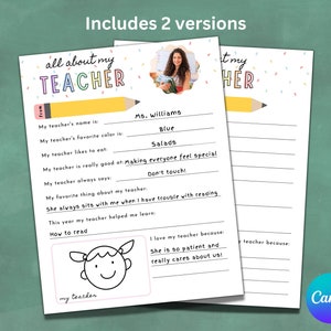 Teacher Appreciation Week All About My Teacher Questionnaire | Printable Teacher Appreciation Gift | Teacher Thank You Gift