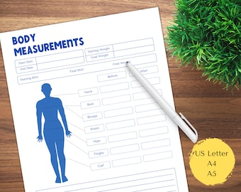 May include: A printable body measurements chart with a blue silhouette of a person. The chart includes sections for starting and ending dates, BMI, weight, neck, bust, biceps, waist, hips, thighs, and calf measurements.