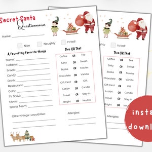 Peut inclure: Un questionnaire imprimable pour le Secret Santa sur le th&egrave;me de No&euml;l. Le questionnaire comprend des sections pour le nom du destinataire, ses choses pr&eacute;f&eacute;r&eacute;es et une section "Ceci ou Cela" avec des choix comme caf&eacute; ou th&eacute;, sal&eacute; ou sucr&eacute;, et livres ou films.