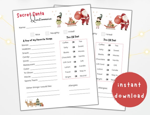 Secret Santa Questionnaire | Printable Secret Santa Form | Secret Santa Gift Exchange | Secret Santa Holiday Party | Secret Santa Survey